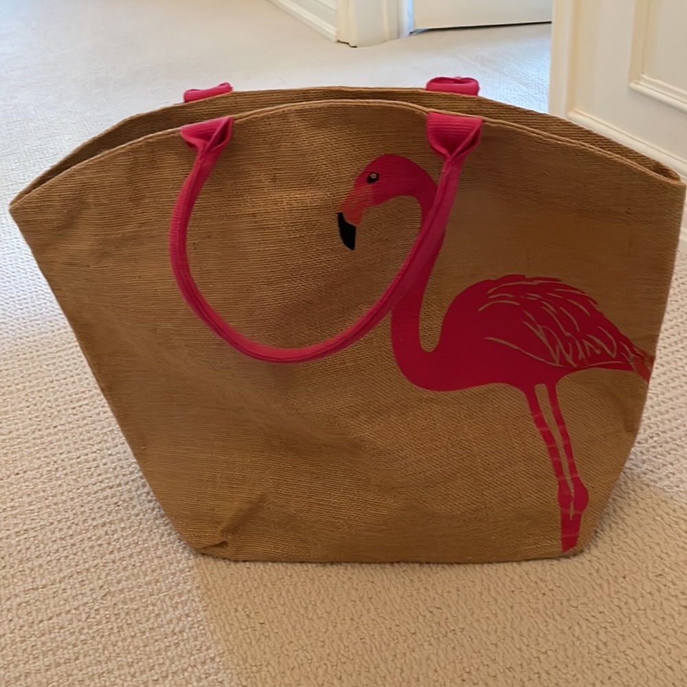 Large flamingo burlap beach bag pink beige